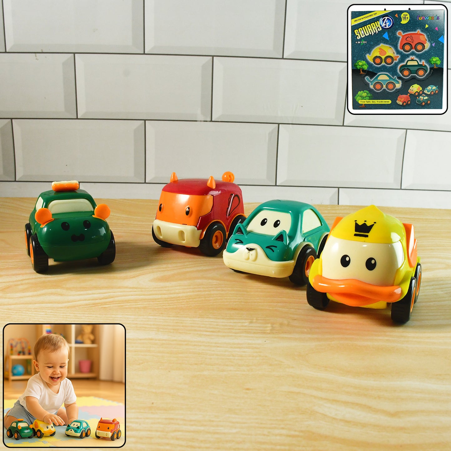 Funwoods Animal Cartoon Pull-back Toy Car - (4 Pc  Set)