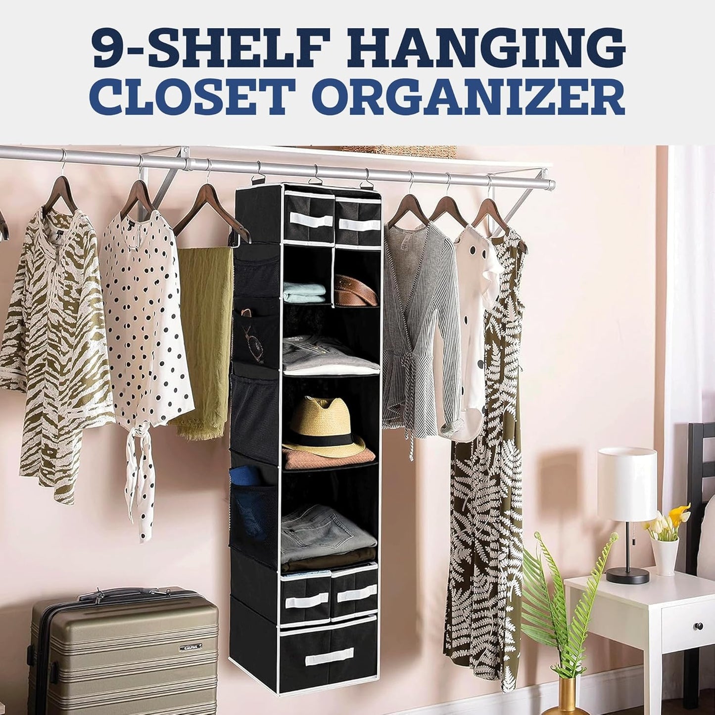 9 Shelf Hanging Closet Organizer With 5 Drawer Organizers
