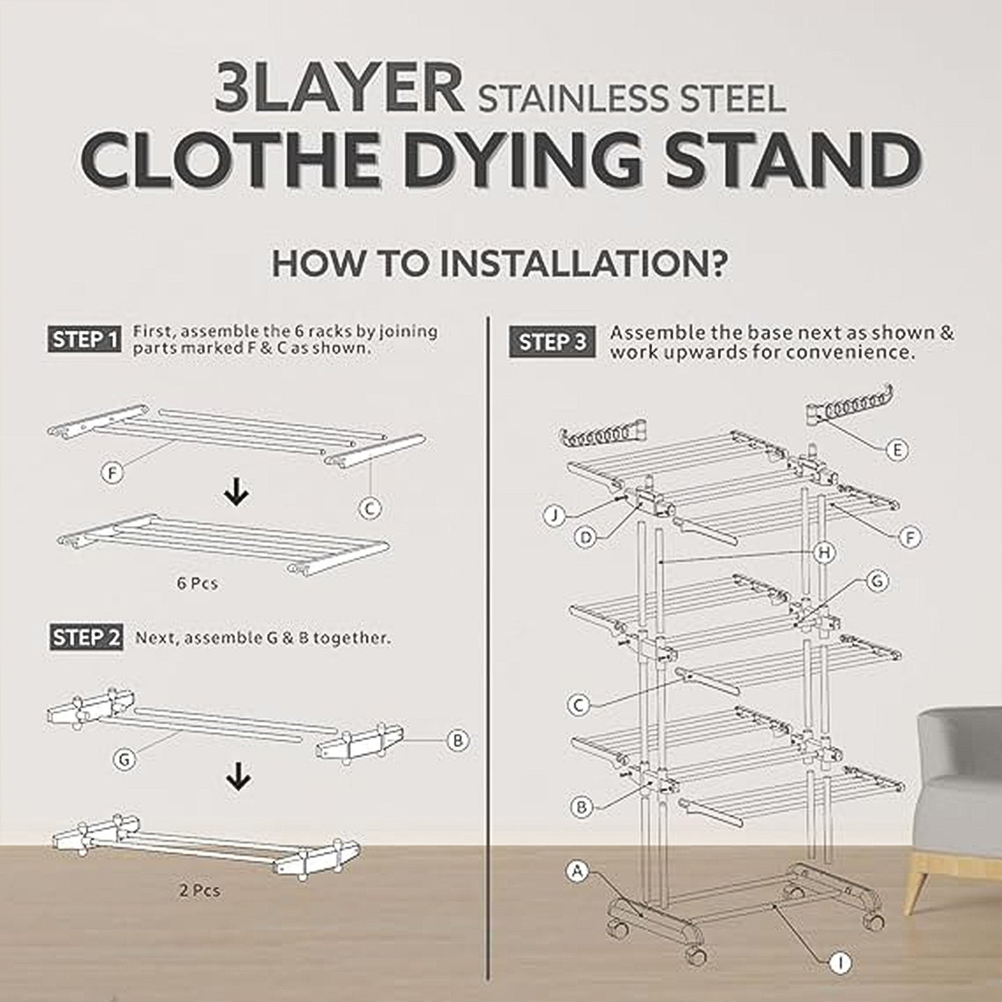 3-tier Foldable Stainless Steel Cloth Drying Stand With Wheels