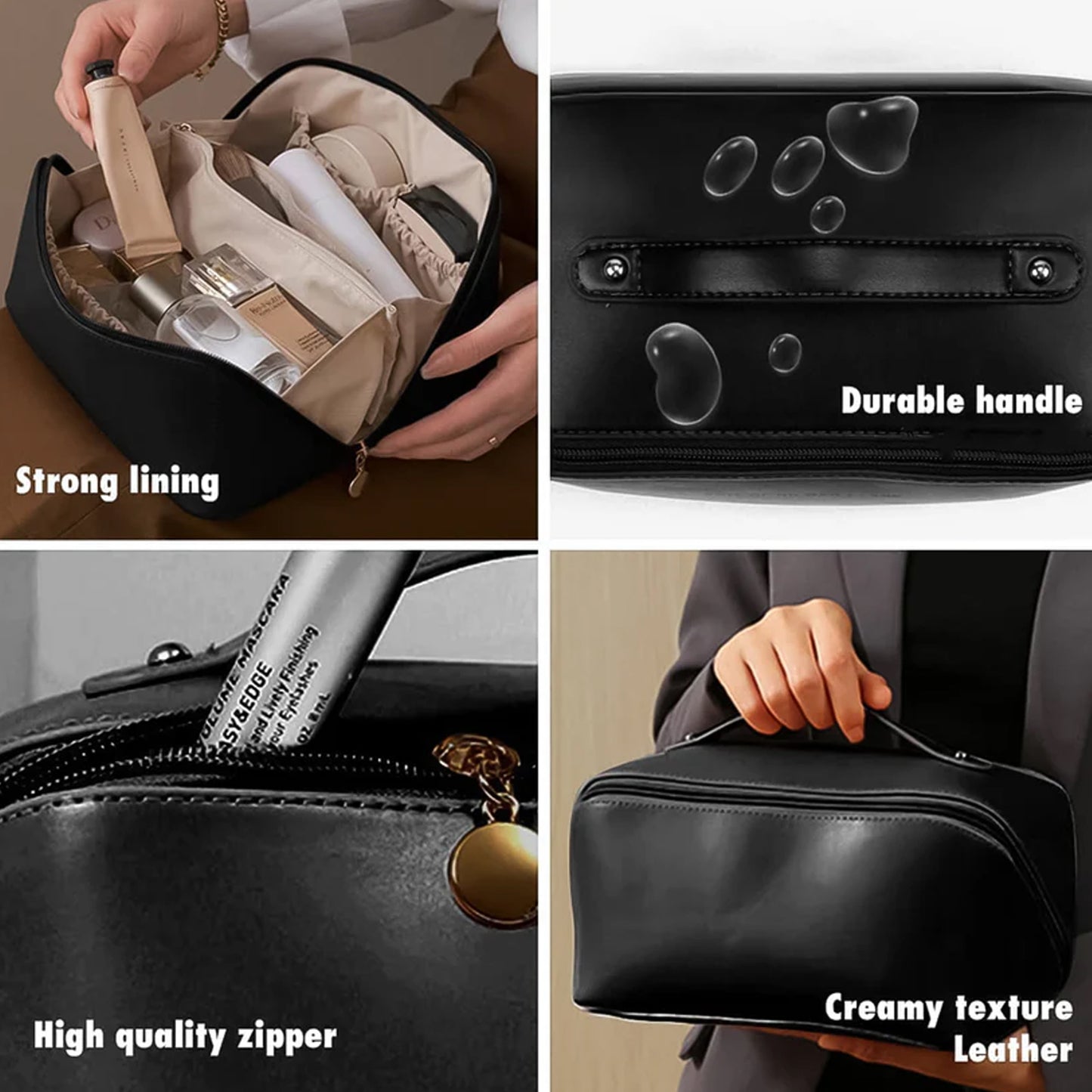 Premium Black Travel Makeup  Toiletry Organizer Pouch With Zipper  Handle (1 Pc)