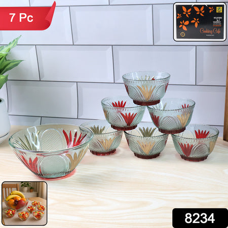 8234 Rose Glass Multipurpose Pudding  Dessert  Ice Cream Bowl Set For Home Use Home  Kitchen Serving Bowl For Sundae Sweets Snacks Fruit Pudding Nuts Or Dip Serving Bowls 6 Medium  1 Big Bowl (Set Of 7 Pc)