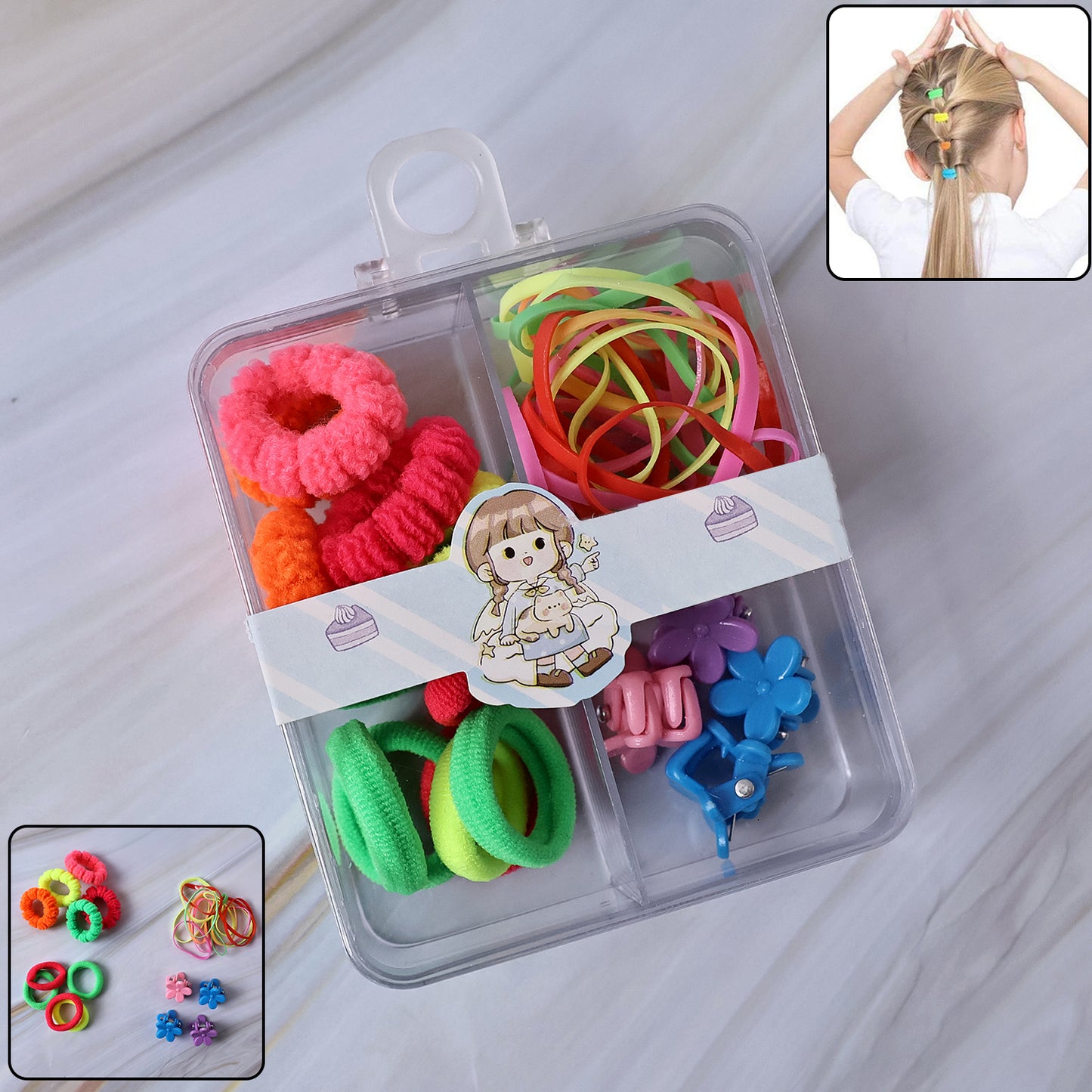 Kids Hair Bands Rubber Bands  Cute Hair Clips In Storage Box (Mix Design  1 Set)