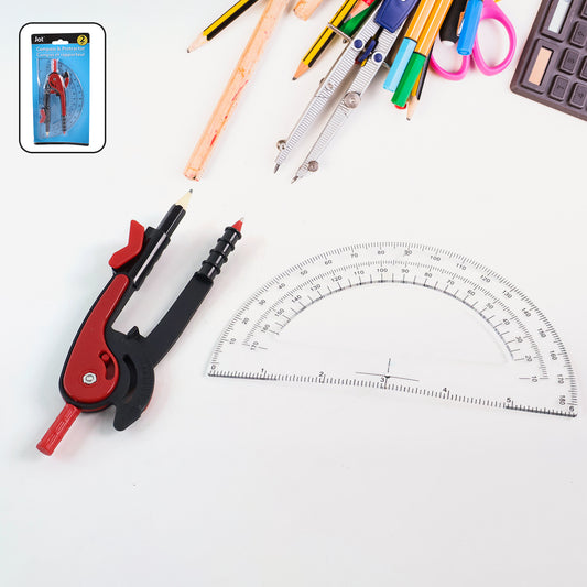 2 Pc Geometry Set  Built-in Pencil Grip + Transparent Plastic Protractor  School Geometry Tools Kit