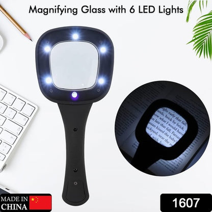 1607 Handheld Magnifying Glass 6 Led Illuminated Lighted Magnifier For Seniors Reading Soldering Inspection Coins Jewelry Exploring