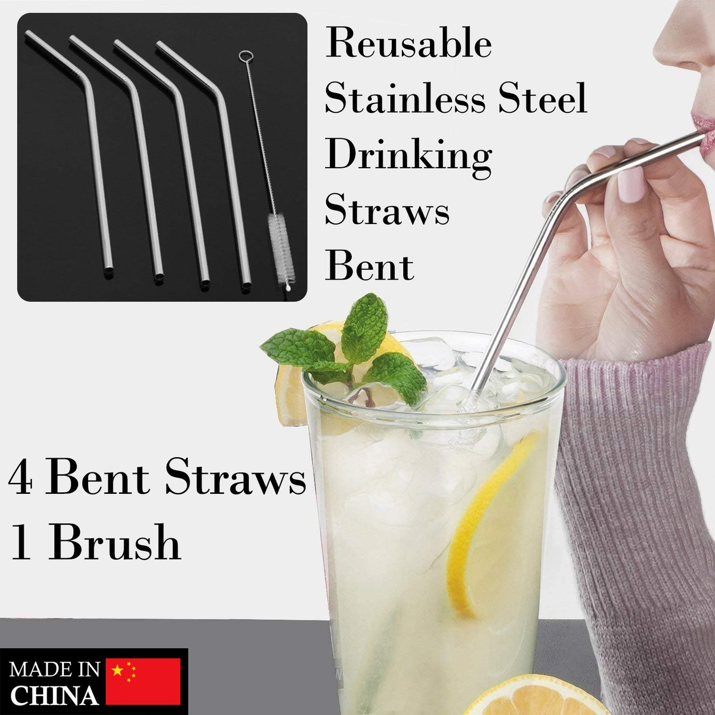 1733 Reusable Stainless Steel Drinking Straws Bent (4 Bent Straws 1 Brush)