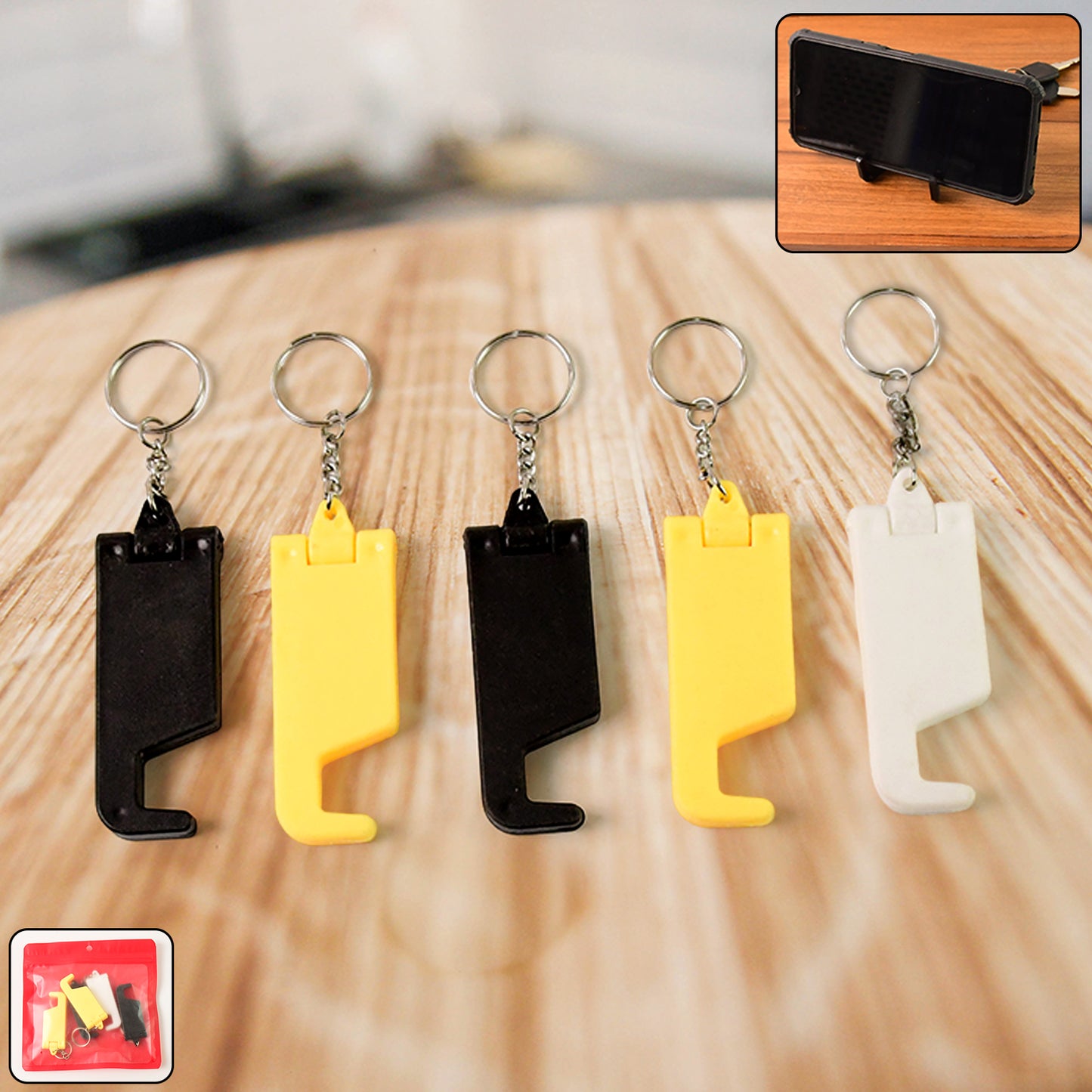 2 In 1 Plastic Keychain With Mobile Stand  Phone Holder (5 Pcs Set  Multicolor)