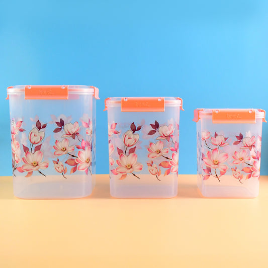 Square 3 Pcs Floral Printed Airtight Storage Container Set  Approx 2.8 Ltr 4.5 Ltr 6.9 Ltr (3 Pcs Set)