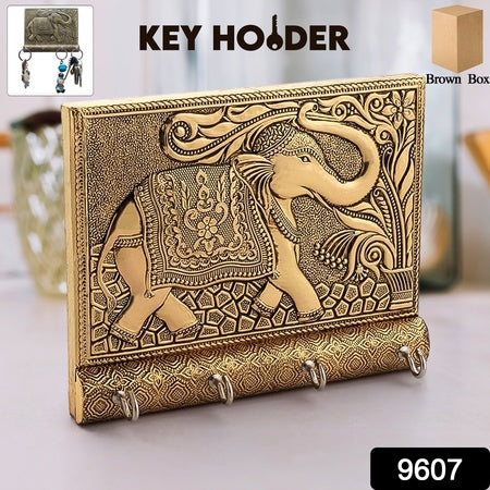 Wooden Key Holder For Home Decor Stylish Metal Gold Antique Elephant Design (1 Pc)
