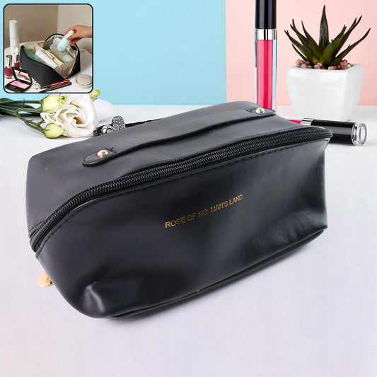 Premium Black Travel Makeup  Toiletry Organizer Pouch With Zipper  Handle (1 Pc)