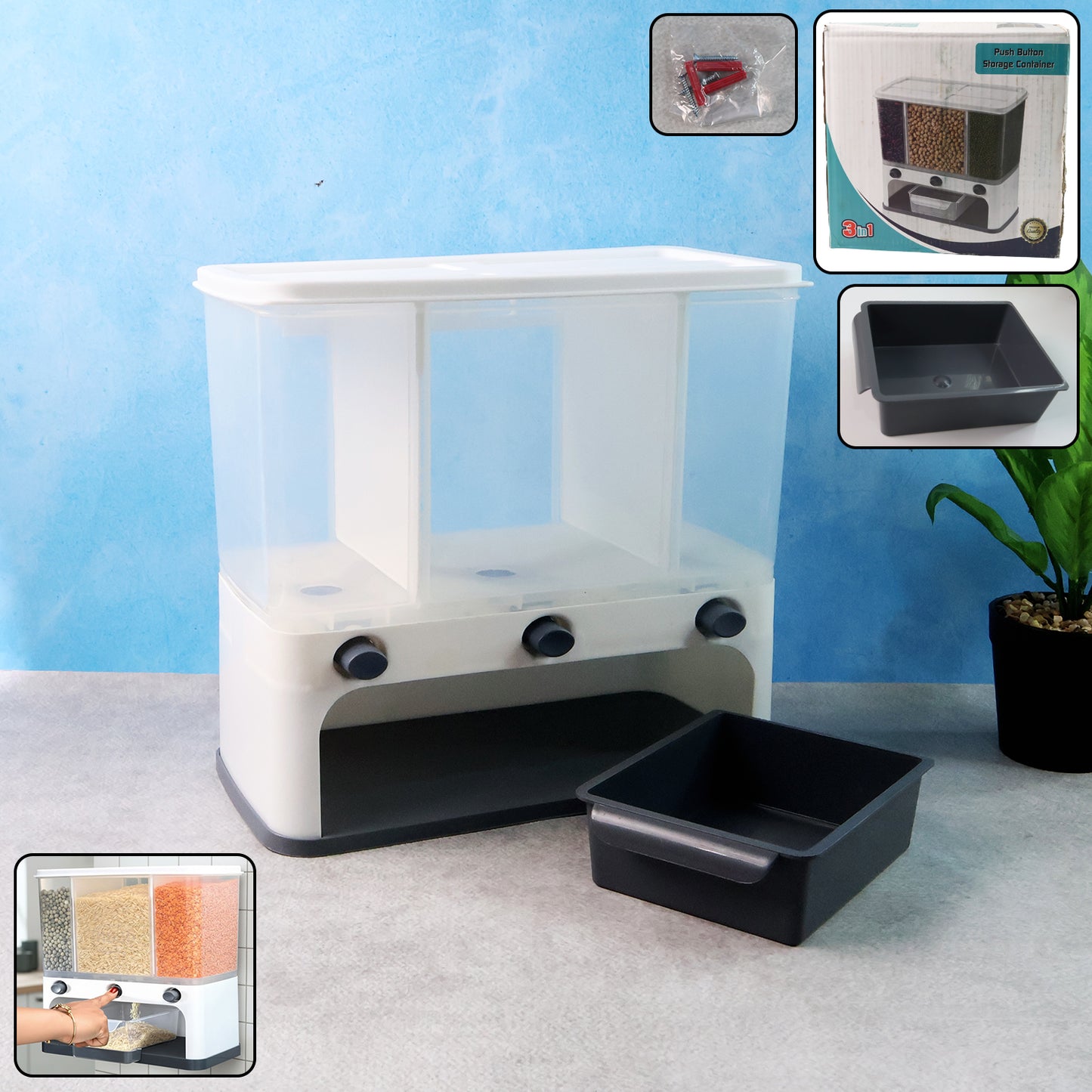 2550 Easy Flow Cereal Dispenser For Kitchen 3 In 1 Push Button Wall Mount Container