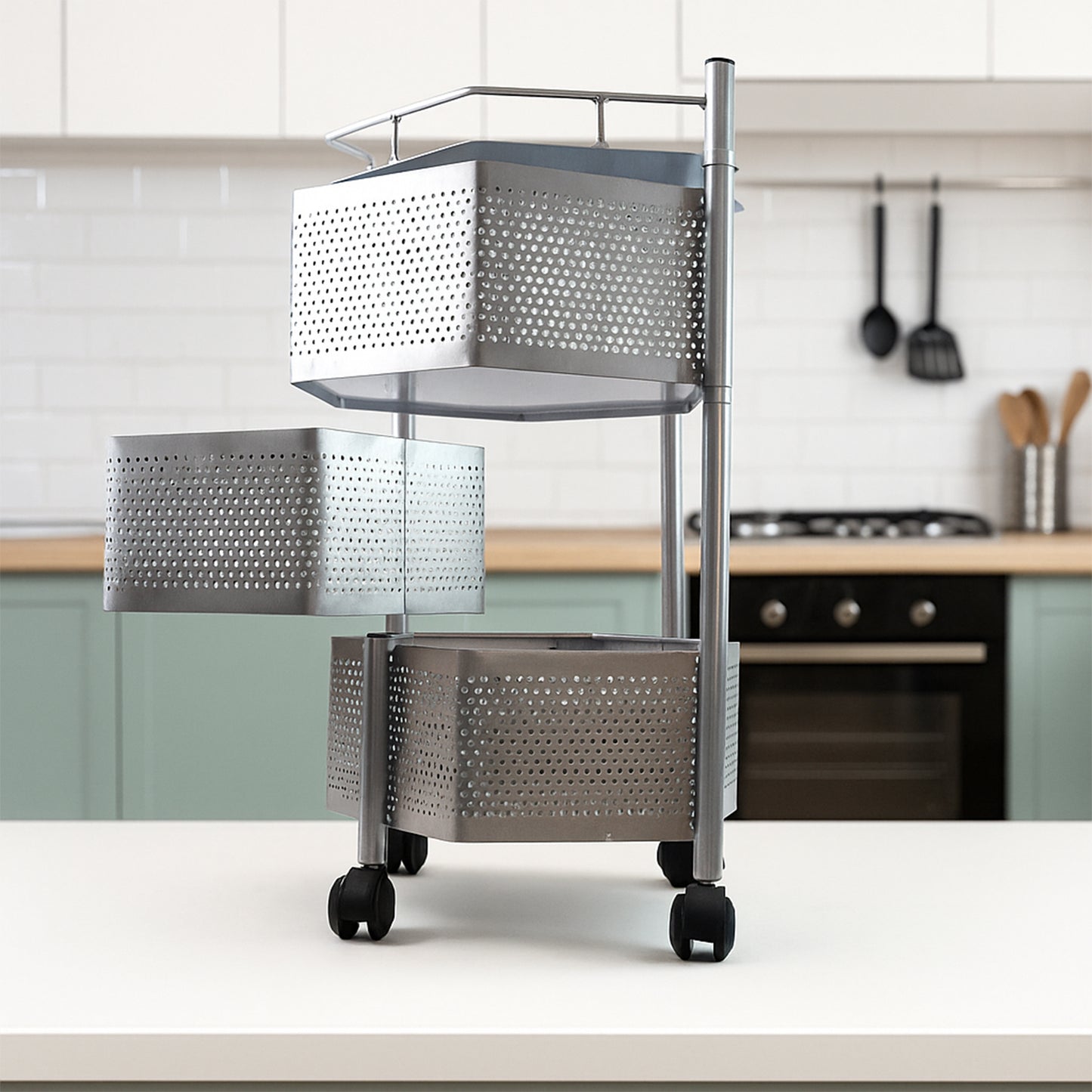 Premium 3-layer Hexagon Kitchen Storage Trolley With Wheels (1 Pc)