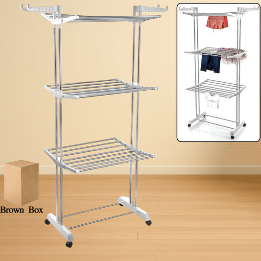 3-tier Foldable Stainless Steel Cloth Drying Stand With Wheels