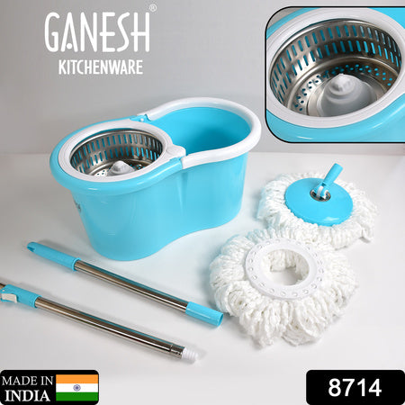 8714 Rapid Steel Spinner Bucket Mop 360 Degree Self Spin Wringing With 2 Absorbers For Home And Office Floor Cleaning Mops Set