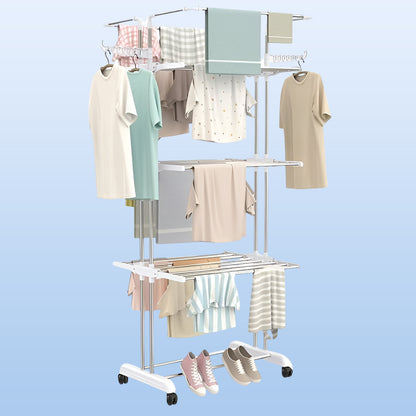 3-tier Foldable Stainless Steel Cloth Drying Stand With Wheels
