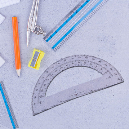 2 Pc Geometry Set  Built-in Pencil Grip + Transparent Plastic Protractor  School Geometry Tools Kit