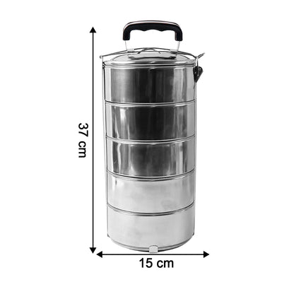 5799 Big Size 5 Compartment Lunch Box Stainless Steel Round Tiffin Traditional Tiffin Box For Kids College Office Men And Women Meal Holder With Locking Clip 5 Containers (16x5 Inch)