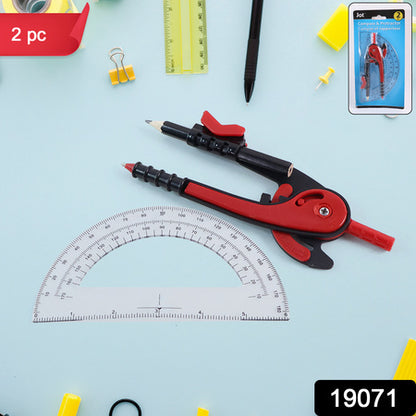 2 Pc Geometry Set  Built-in Pencil Grip + Transparent Plastic Protractor  School Geometry Tools Kit