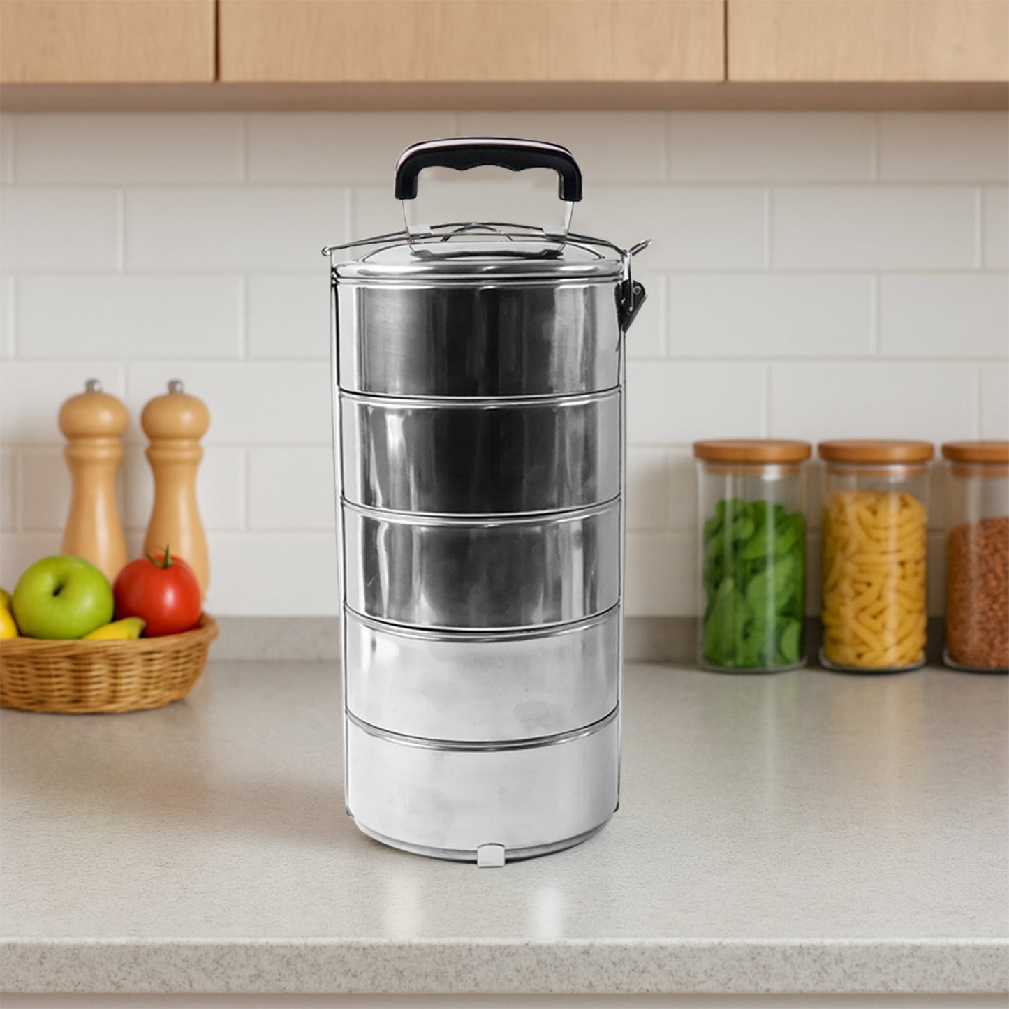 5799 Big Size 5 Compartment Lunch Box Stainless Steel Round Tiffin Traditional Tiffin Box For Kids College Office Men And Women Meal Holder With Locking Clip 5 Containers (16x5 Inch)